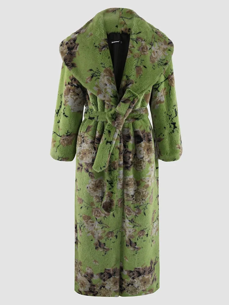 Women's Floral Print Long Faux Fur Plush Wrap Coat