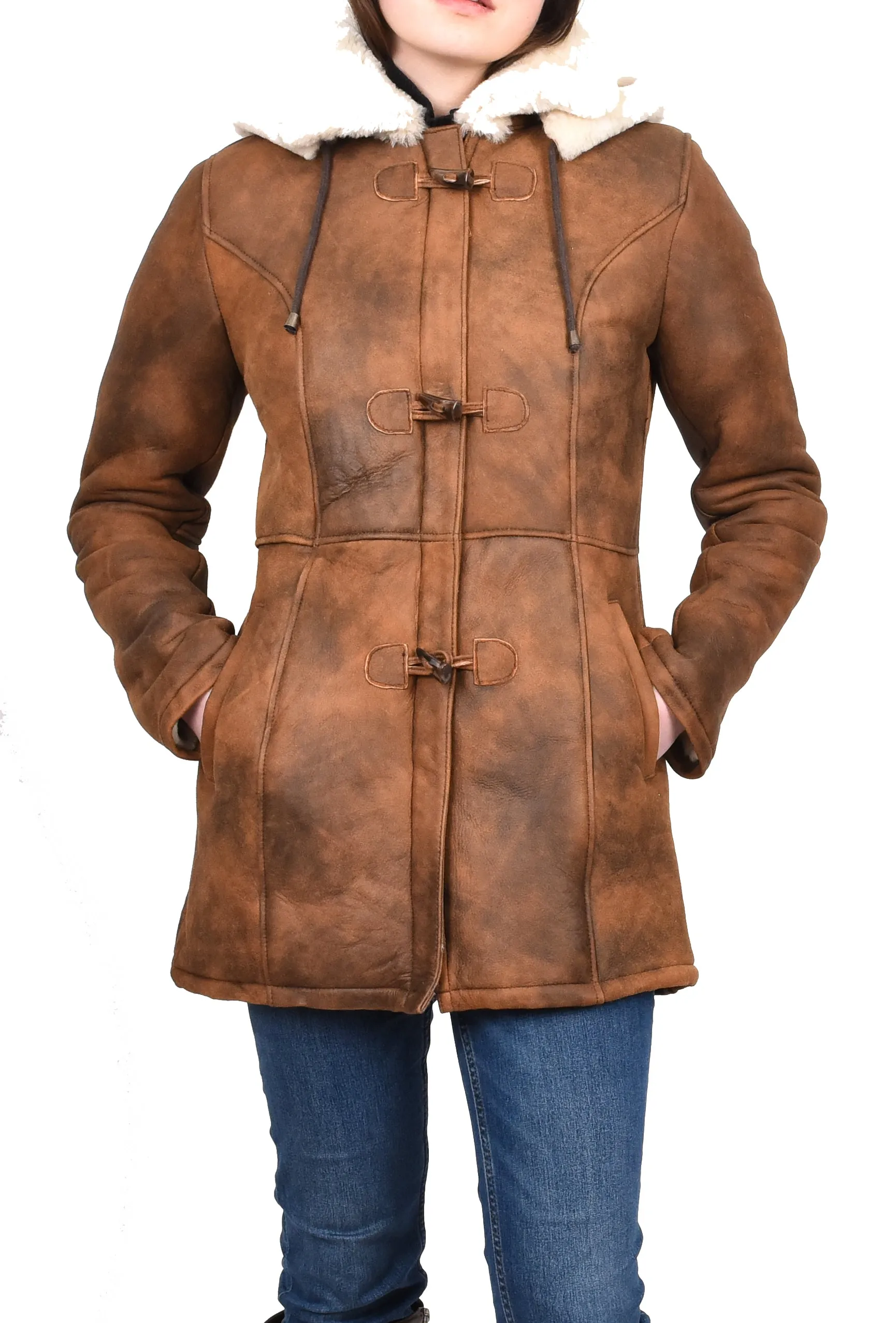 Women's Genuine Shearling Sheepskin Duffel Coat Mid Length Tan Trina