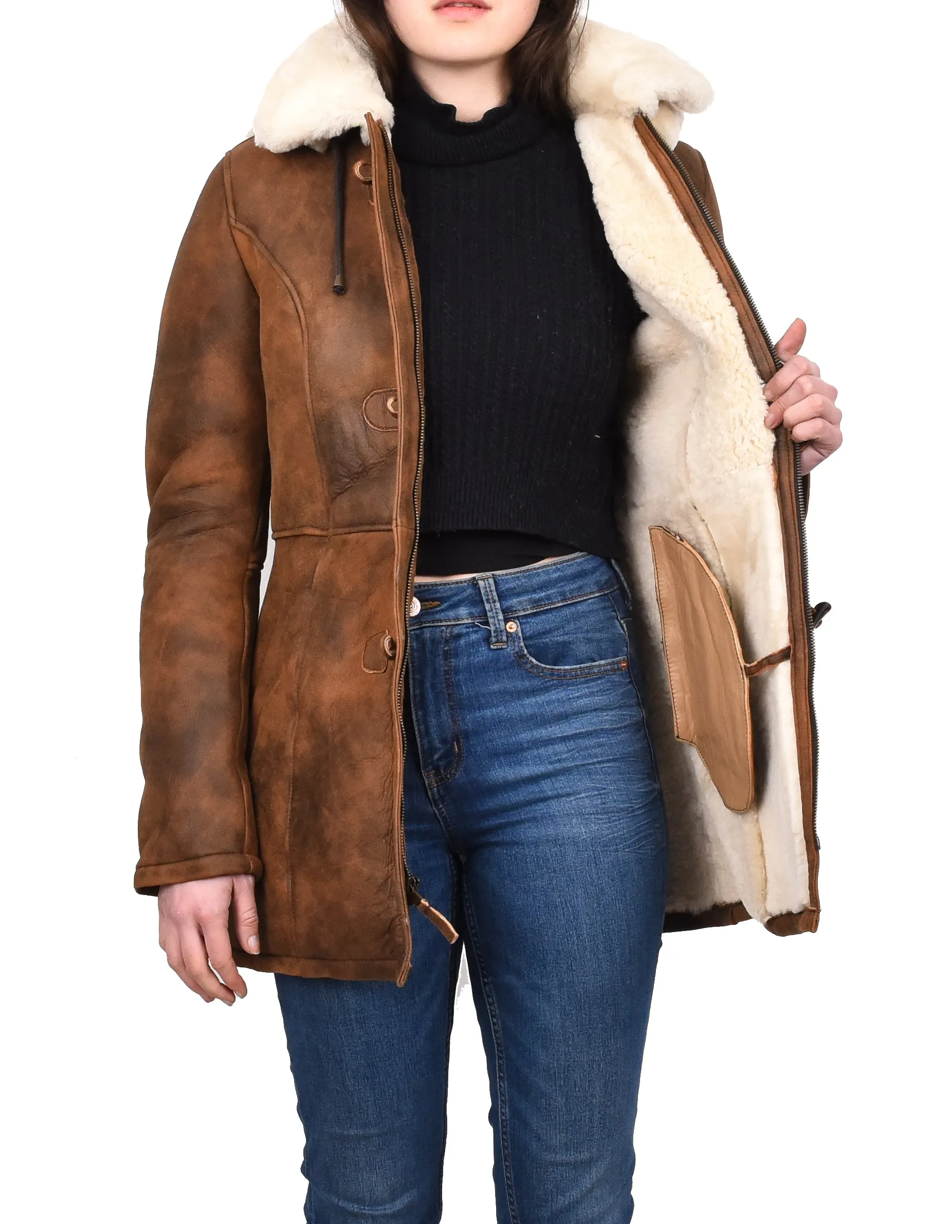 Women's Genuine Shearling Sheepskin Duffel Coat Mid Length Tan Trina