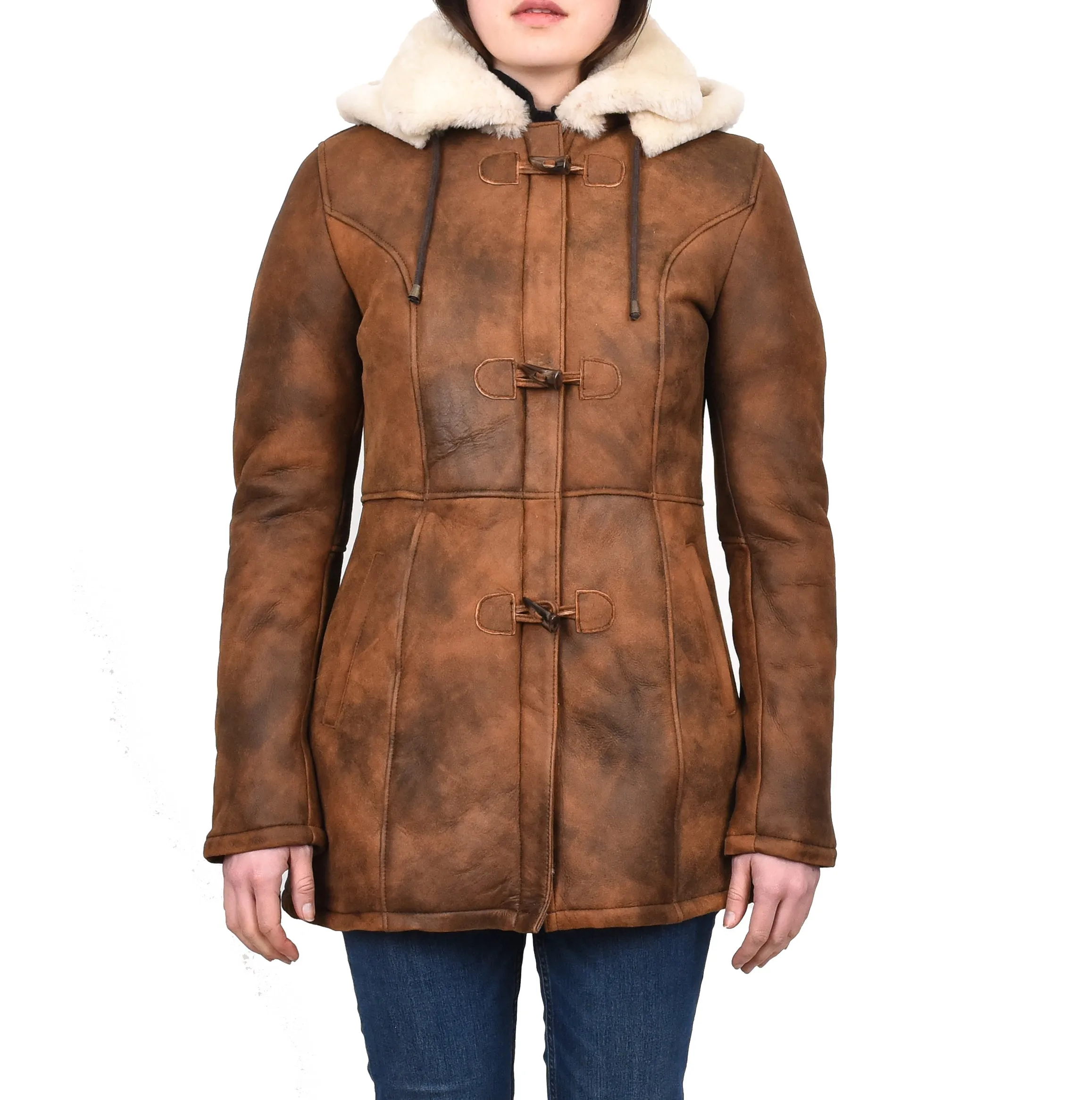 Women's Genuine Shearling Sheepskin Duffel Coat Mid Length Tan Trina