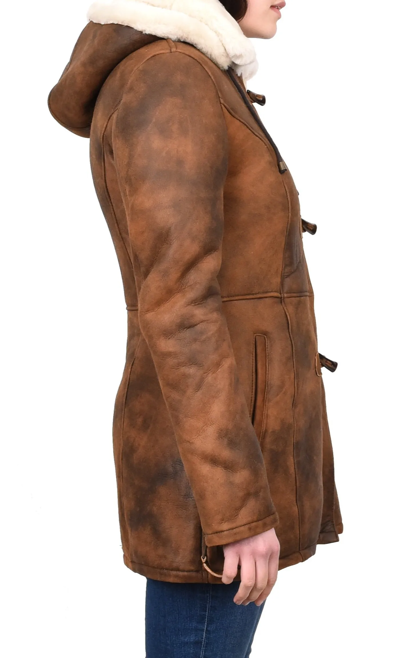 Women's Genuine Shearling Sheepskin Duffel Coat Mid Length Tan Trina