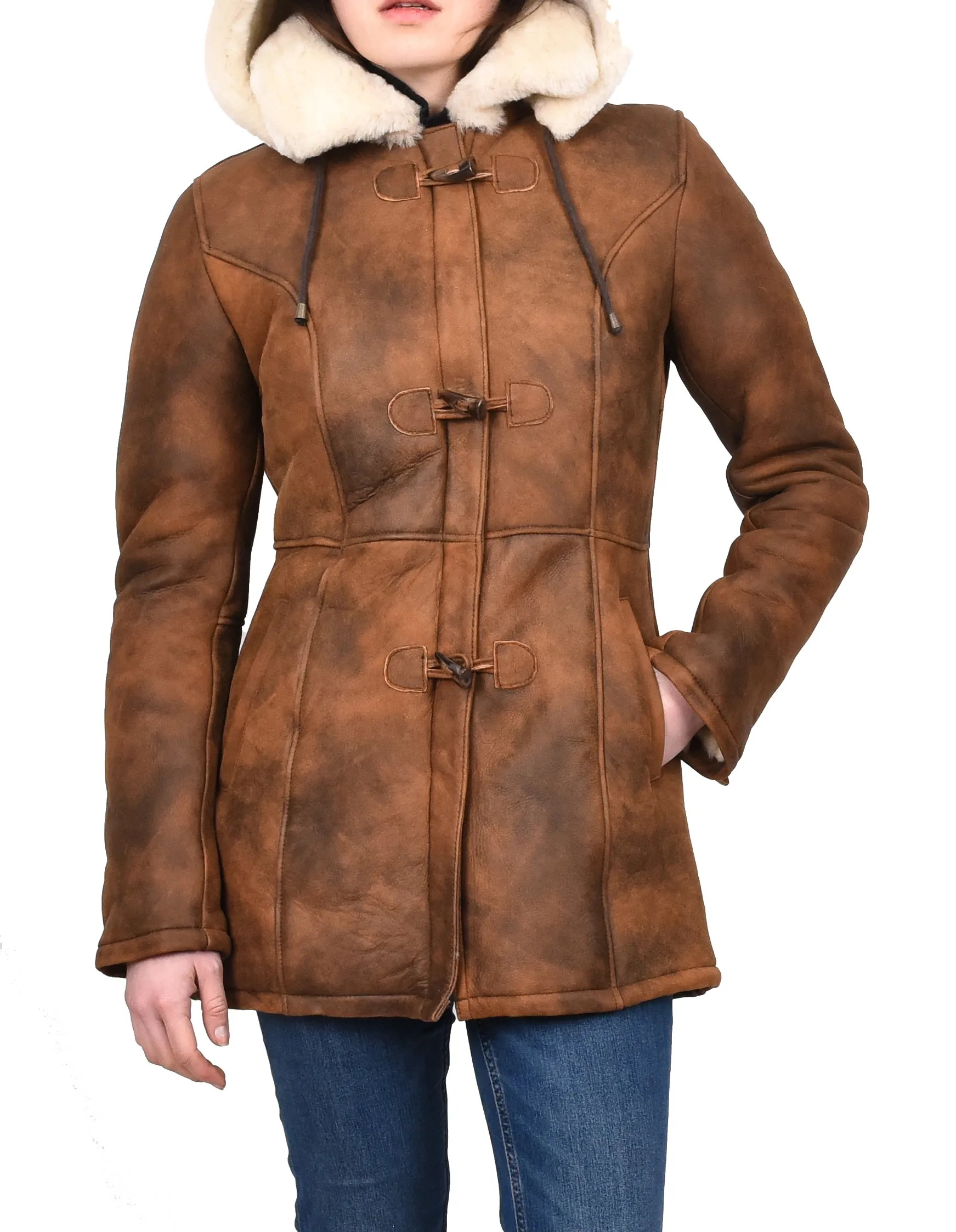 Women's Genuine Shearling Sheepskin Duffel Coat Mid Length Tan Trina