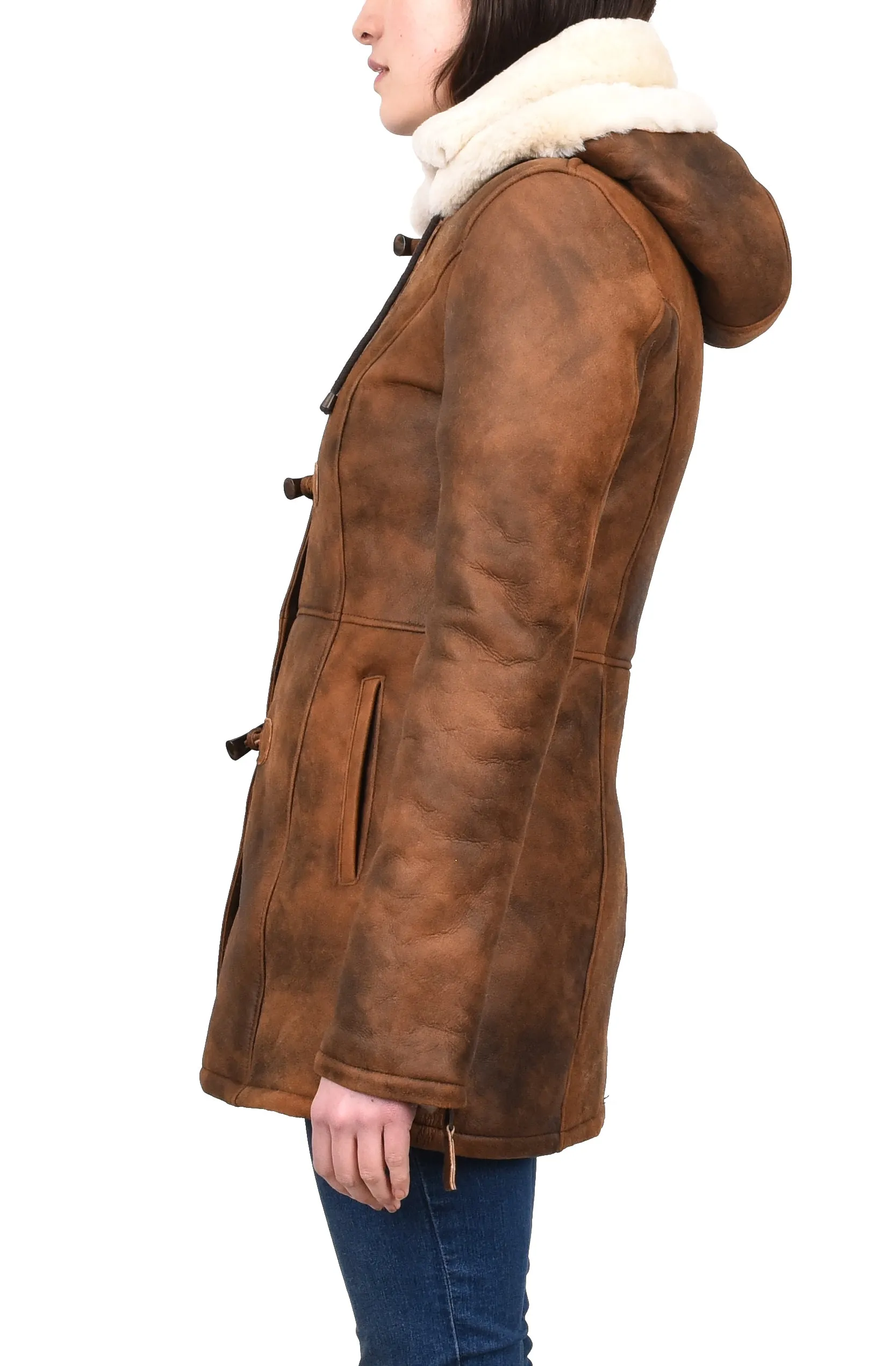 Women's Genuine Shearling Sheepskin Duffel Coat Mid Length Tan Trina