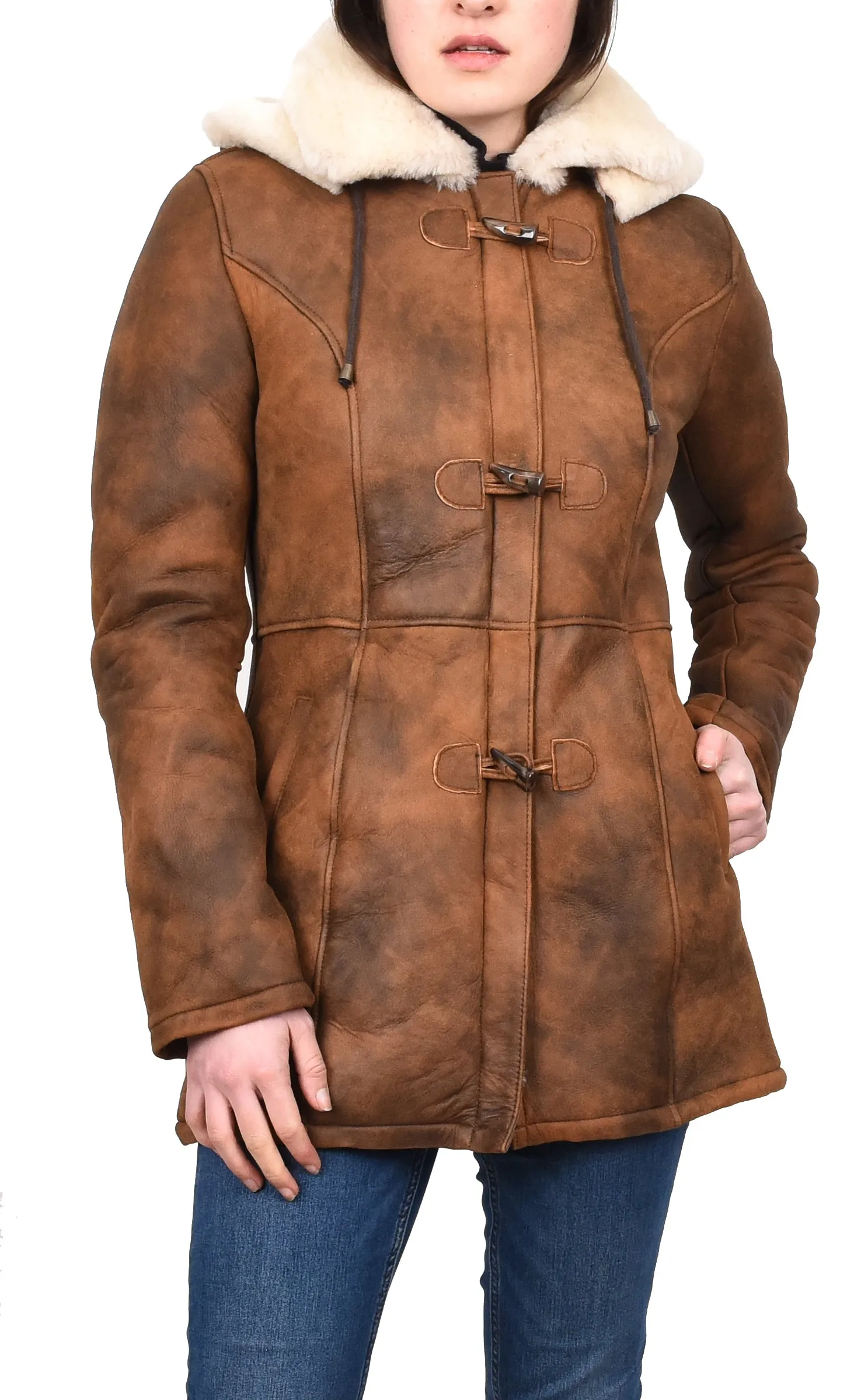 Women's Genuine Shearling Sheepskin Duffel Coat Mid Length Tan Trina