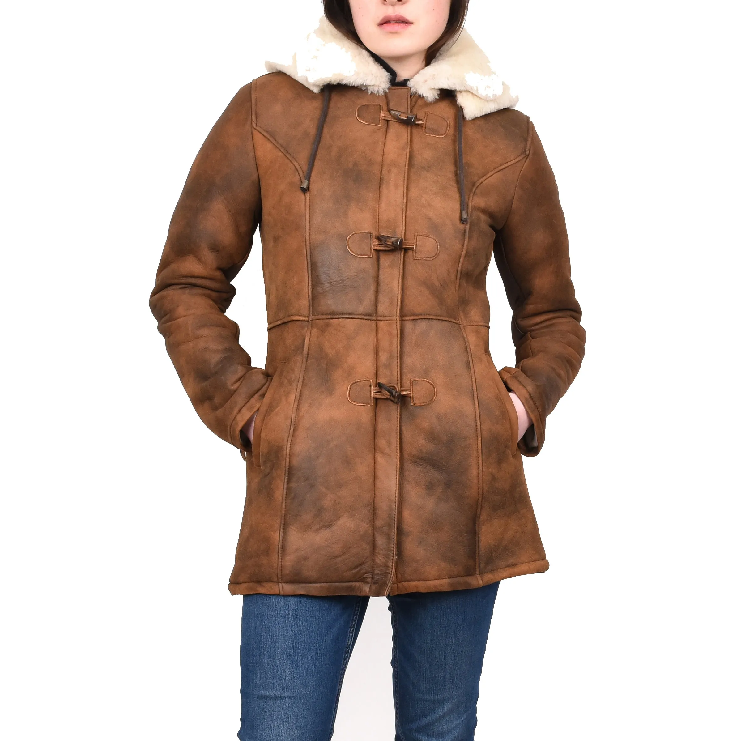 Women's Genuine Shearling Sheepskin Duffel Coat Mid Length Tan Trina