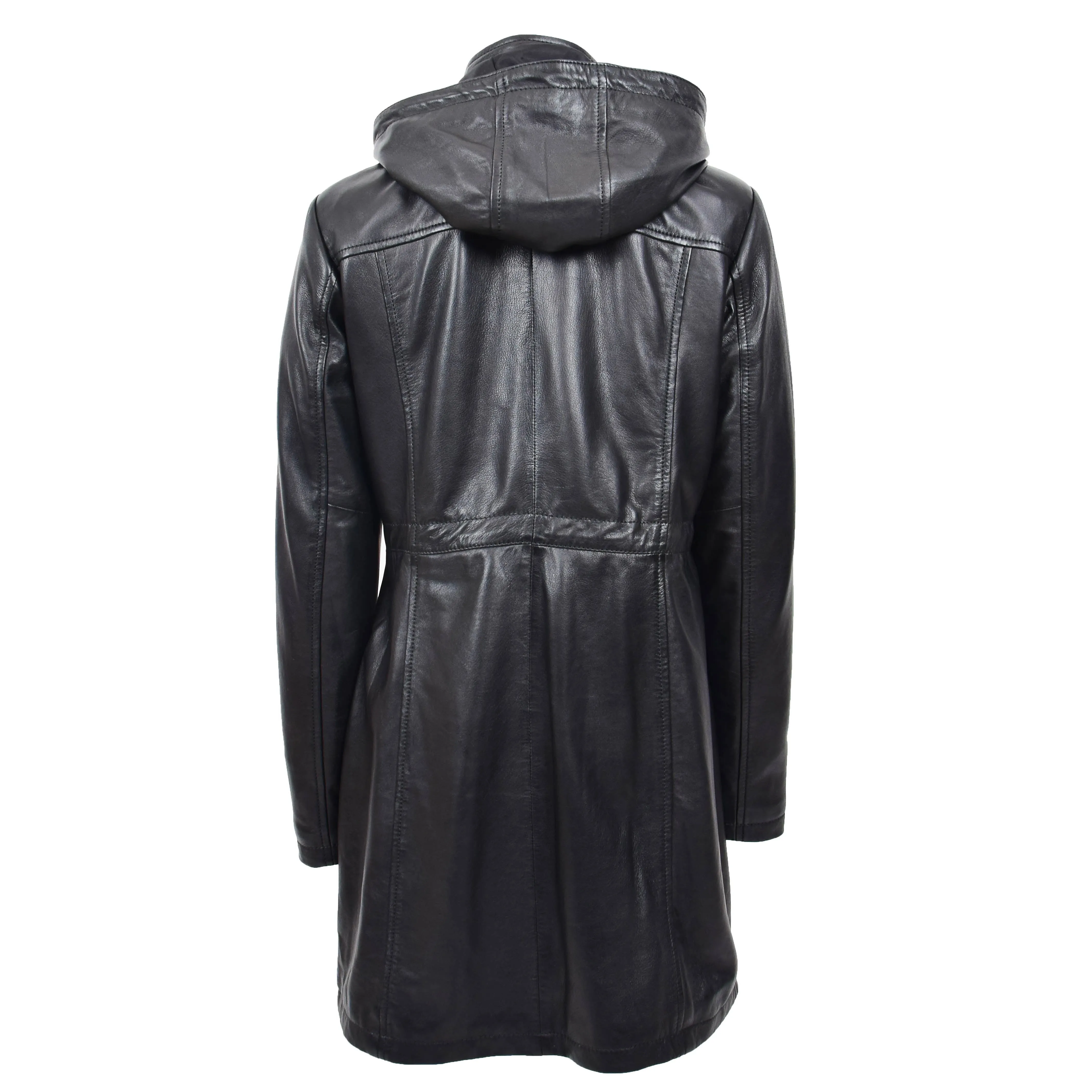 Womens Real Leather Jacket Black Trench 3/4 Long Duffle Detachable Hood Coat Luna