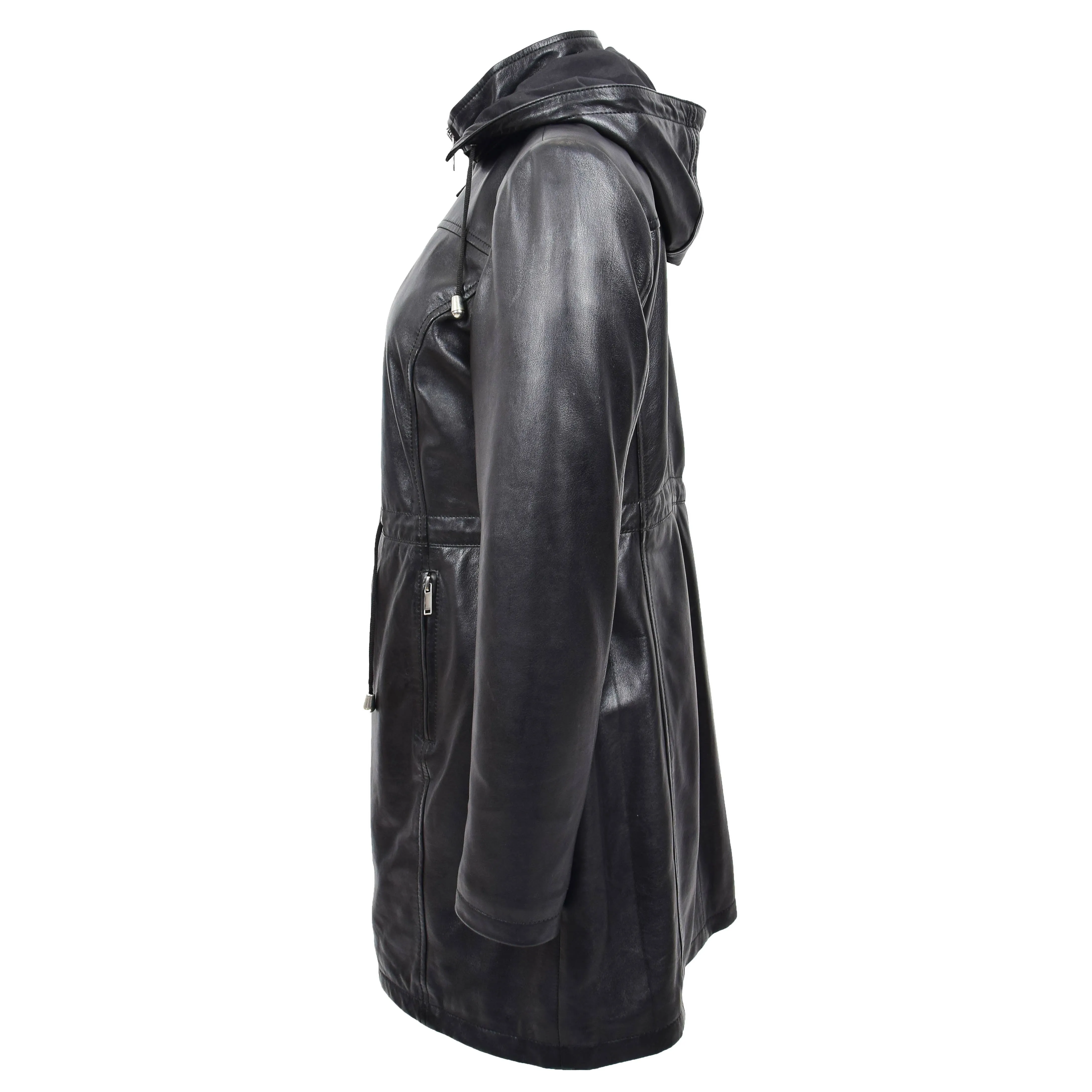 Womens Real Leather Jacket Black Trench 3/4 Long Duffle Detachable Hood Coat Luna