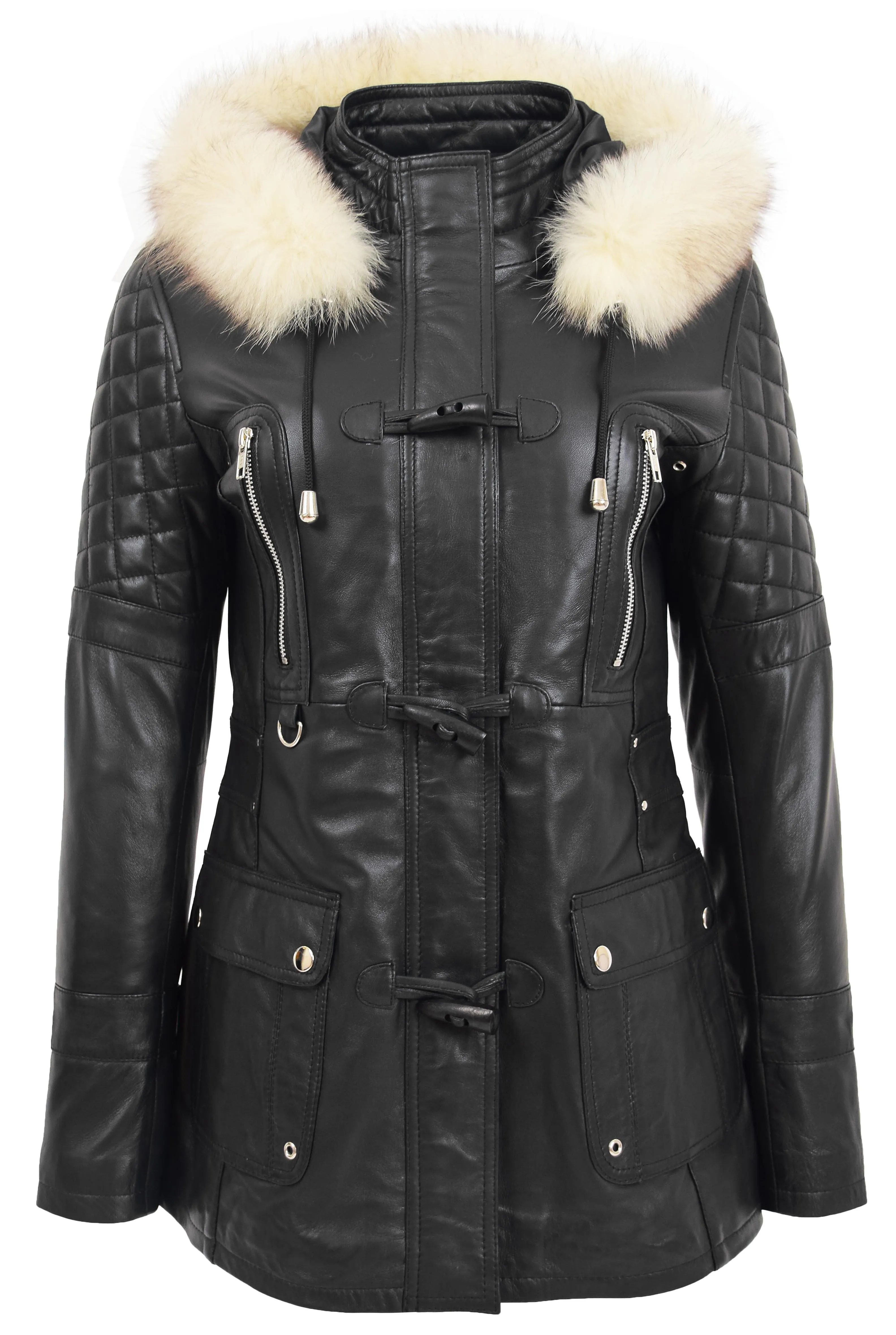 Womens Trendy Real Soft Leather Duffle Coat Fitted Removable Hood Parka Cory Black