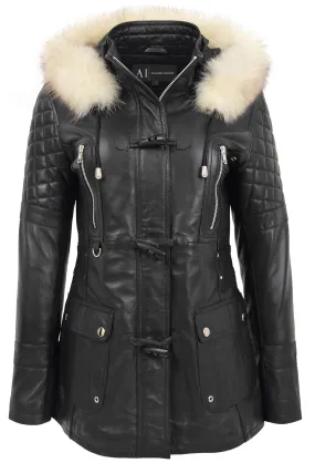 Womens Trendy Real Soft Leather Duffle Coat Fitted Removable Hood Parka Cory Black