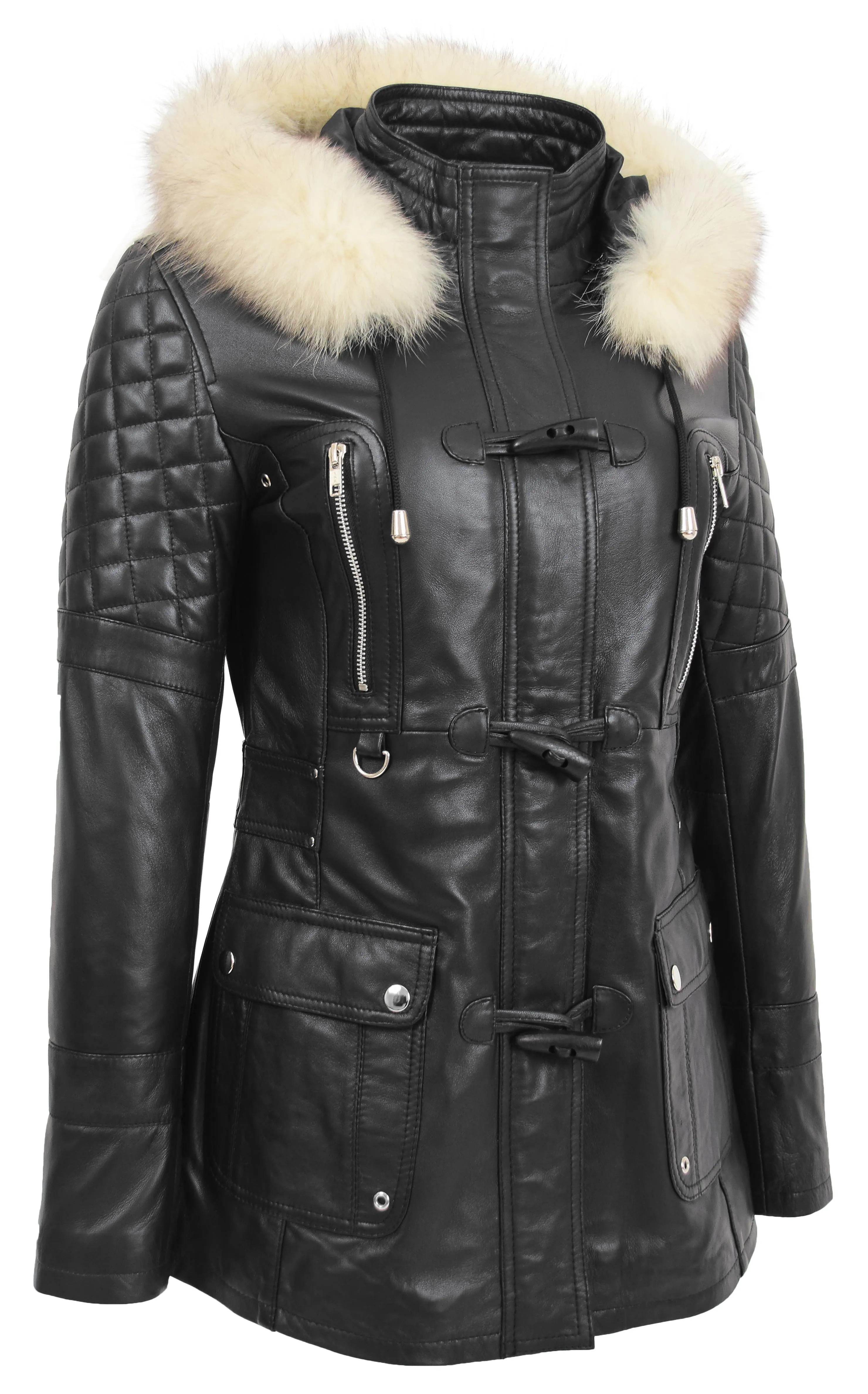 Womens Trendy Real Soft Leather Duffle Coat Fitted Removable Hood Parka Cory Black