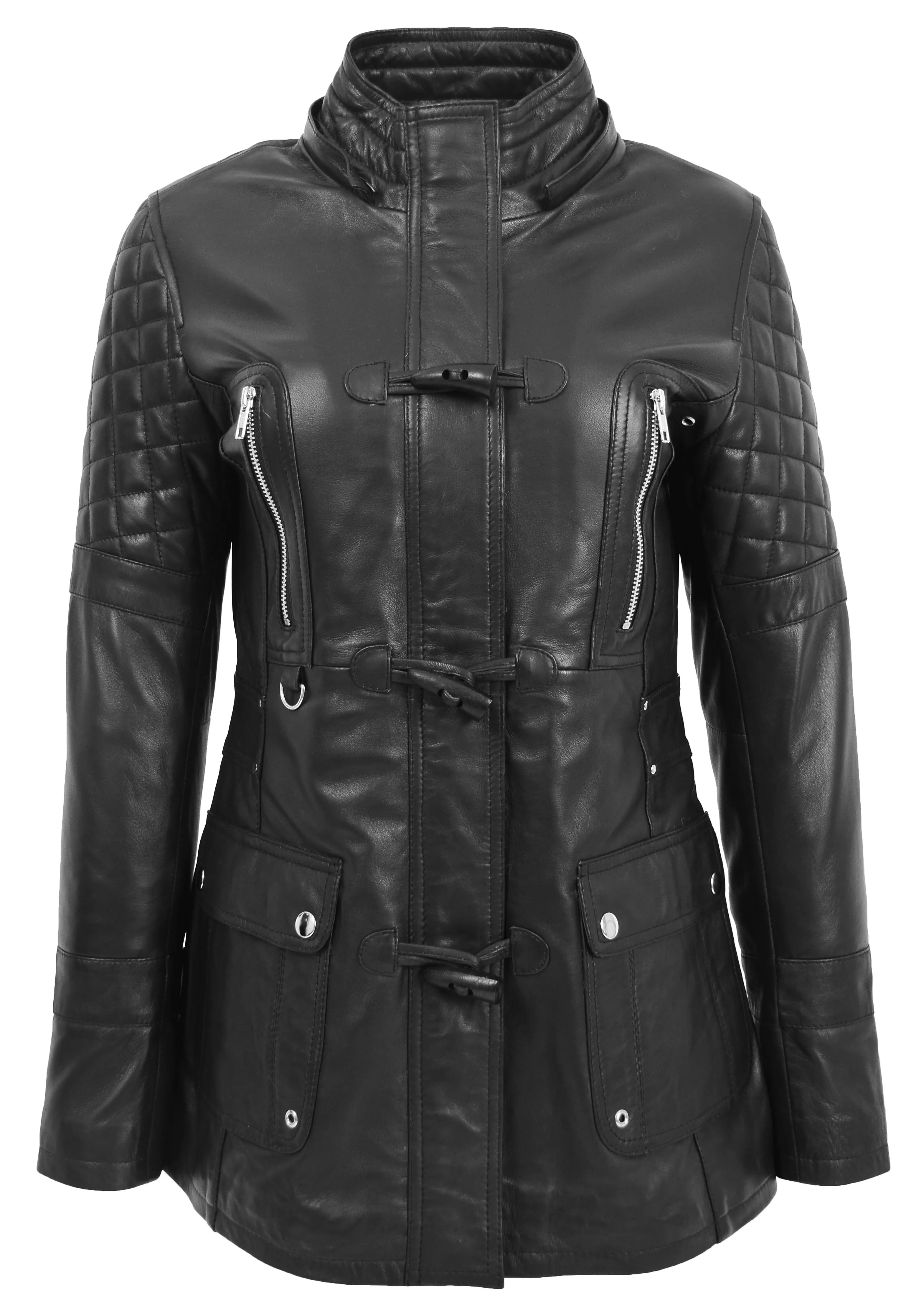 Womens Trendy Real Soft Leather Duffle Coat Fitted Removable Hood Parka Cory Black