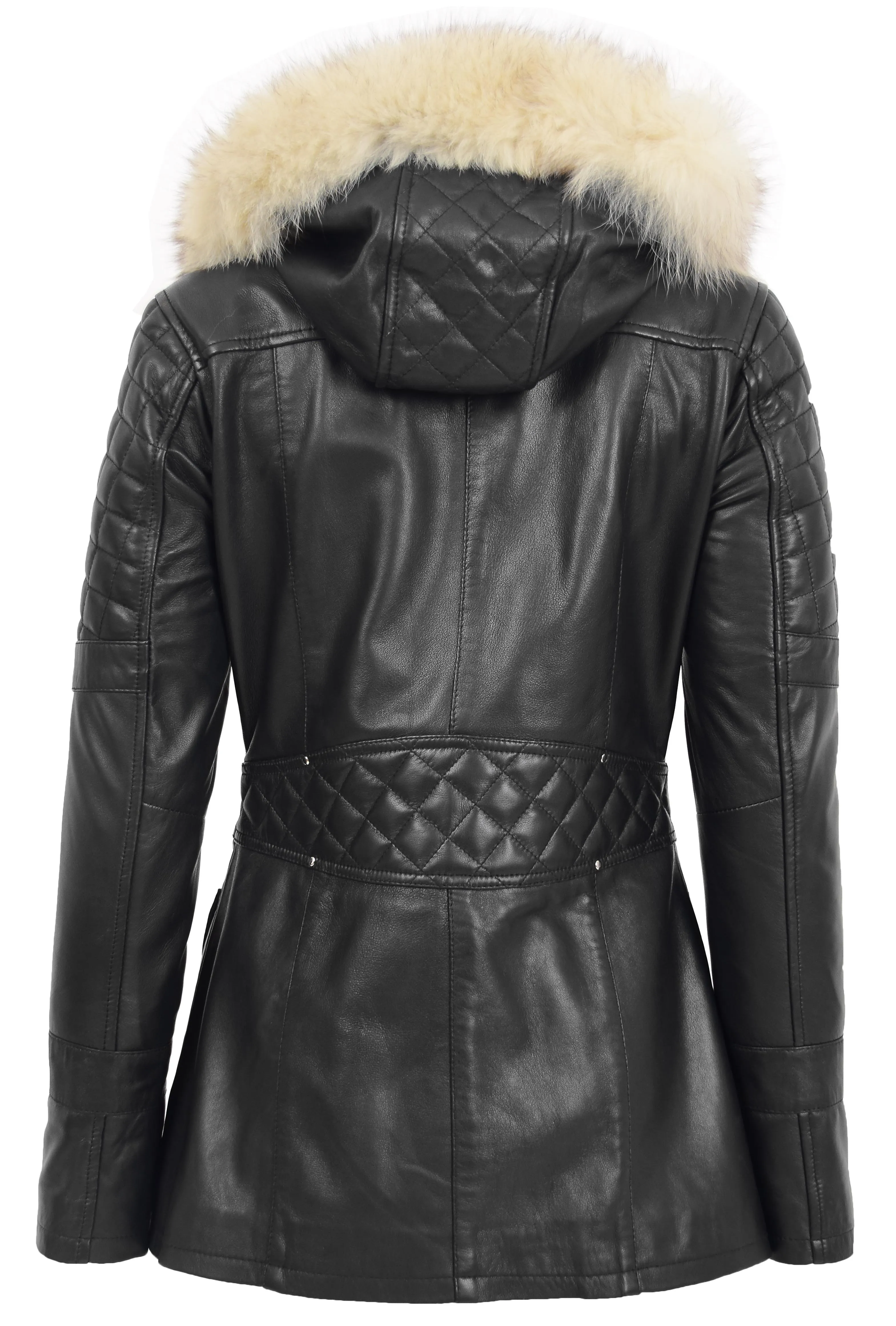 Womens Trendy Real Soft Leather Duffle Coat Fitted Removable Hood Parka Cory Black