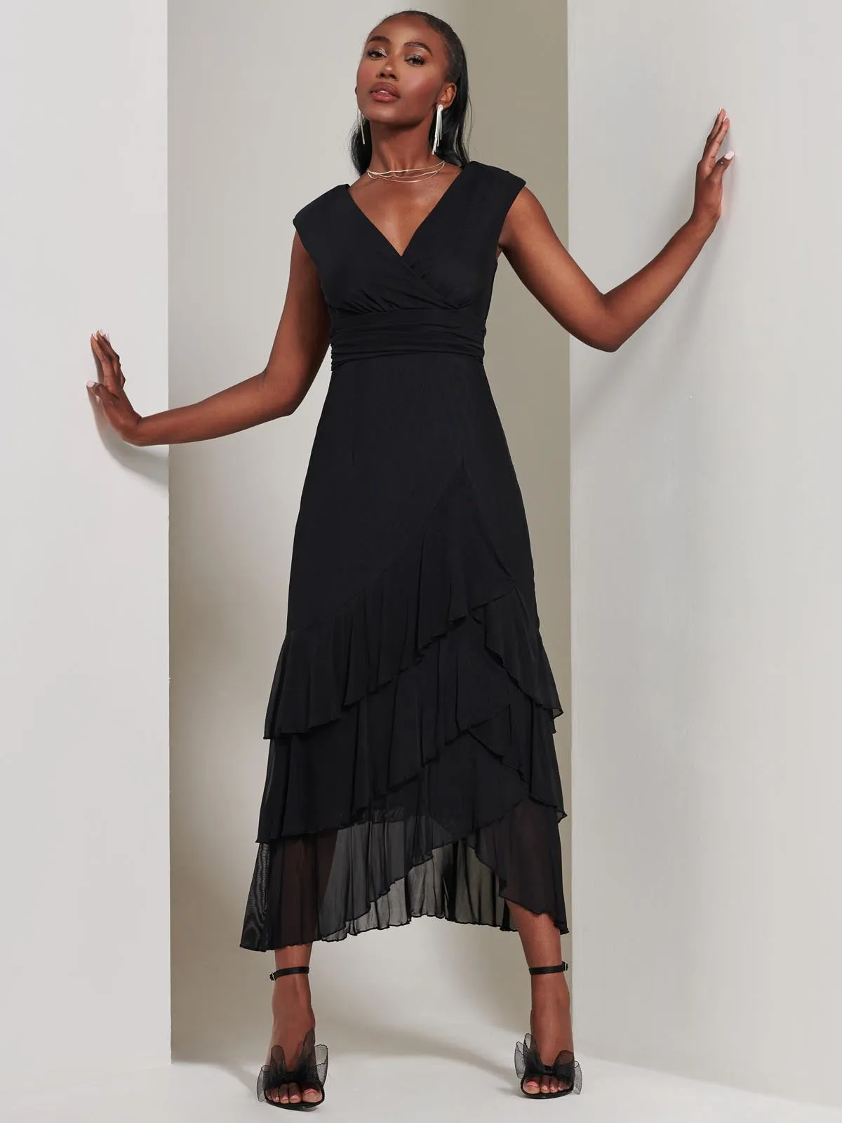 Wrap Bodice Mesh Frill Maxi Dress, Black