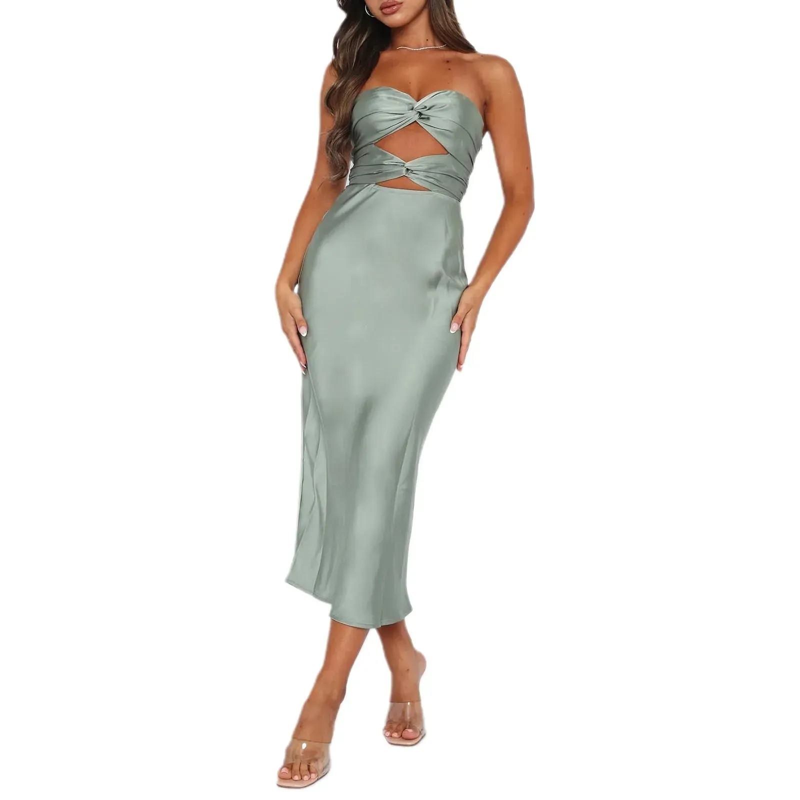 Wrap Chest Bodycon Hollow-Out Cross Tie-Up Backless Cocktail Party Casual Strapless Dress