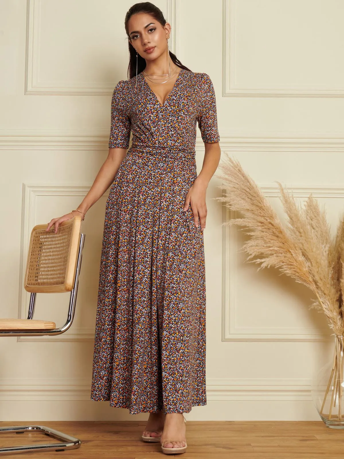 Wrap Front Viscose Maxi Dress, Navy Floral