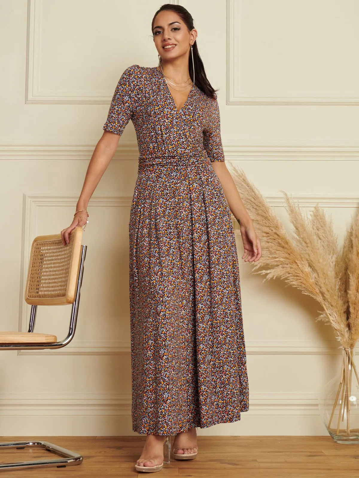 Wrap Front Viscose Maxi Dress, Navy Floral