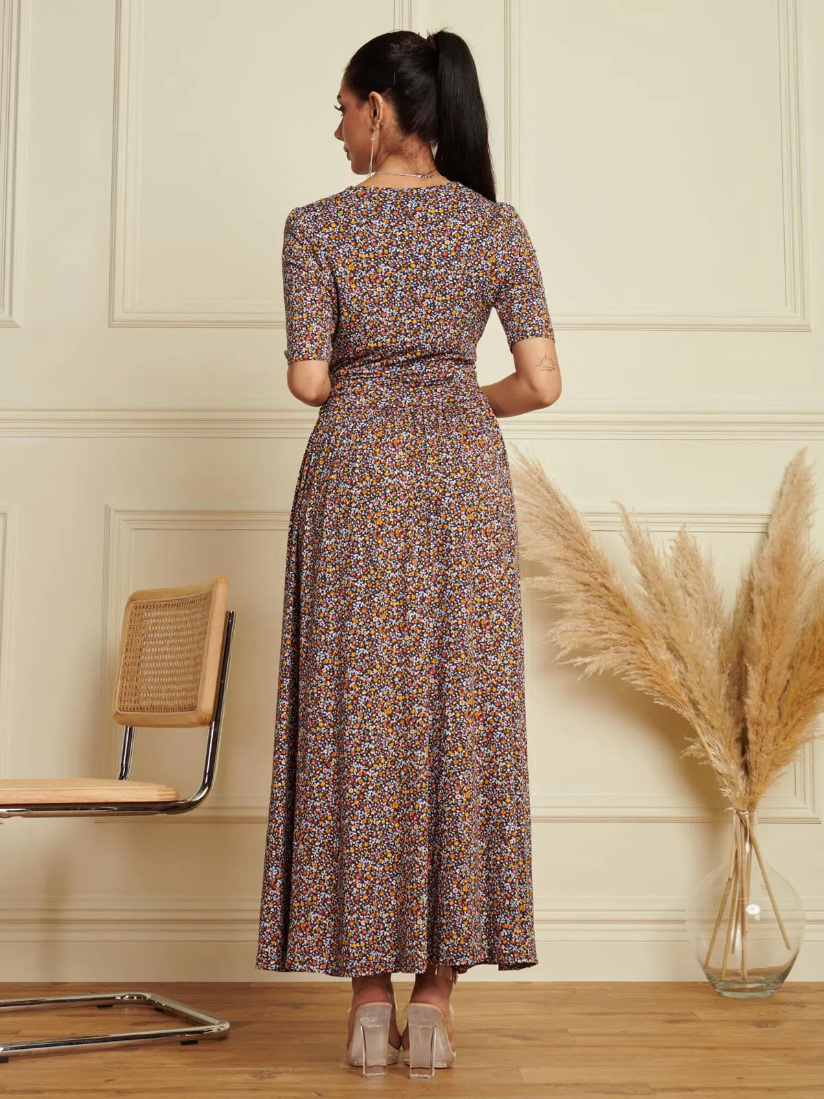 Wrap Front Viscose Maxi Dress, Navy Floral