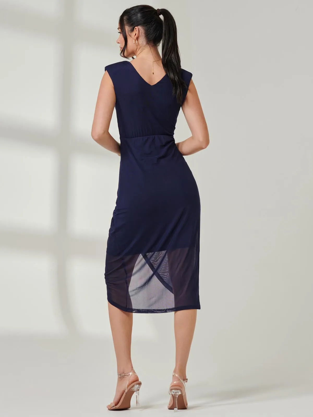 Wrap Ruched Mesh Bodycon Dress, Navy