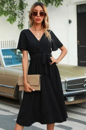 Wrap Tie Waist Flare Midi Dress