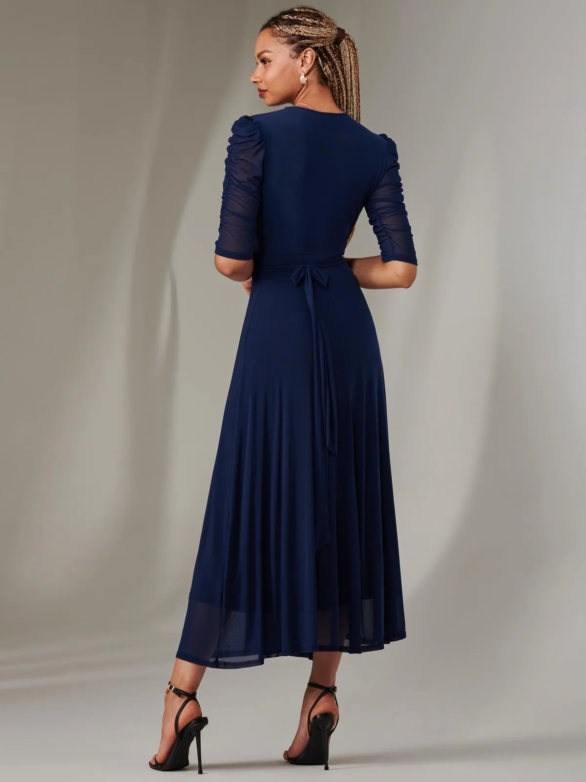 Zeena Plain Wrap Mesh Maxi Dress, Navy