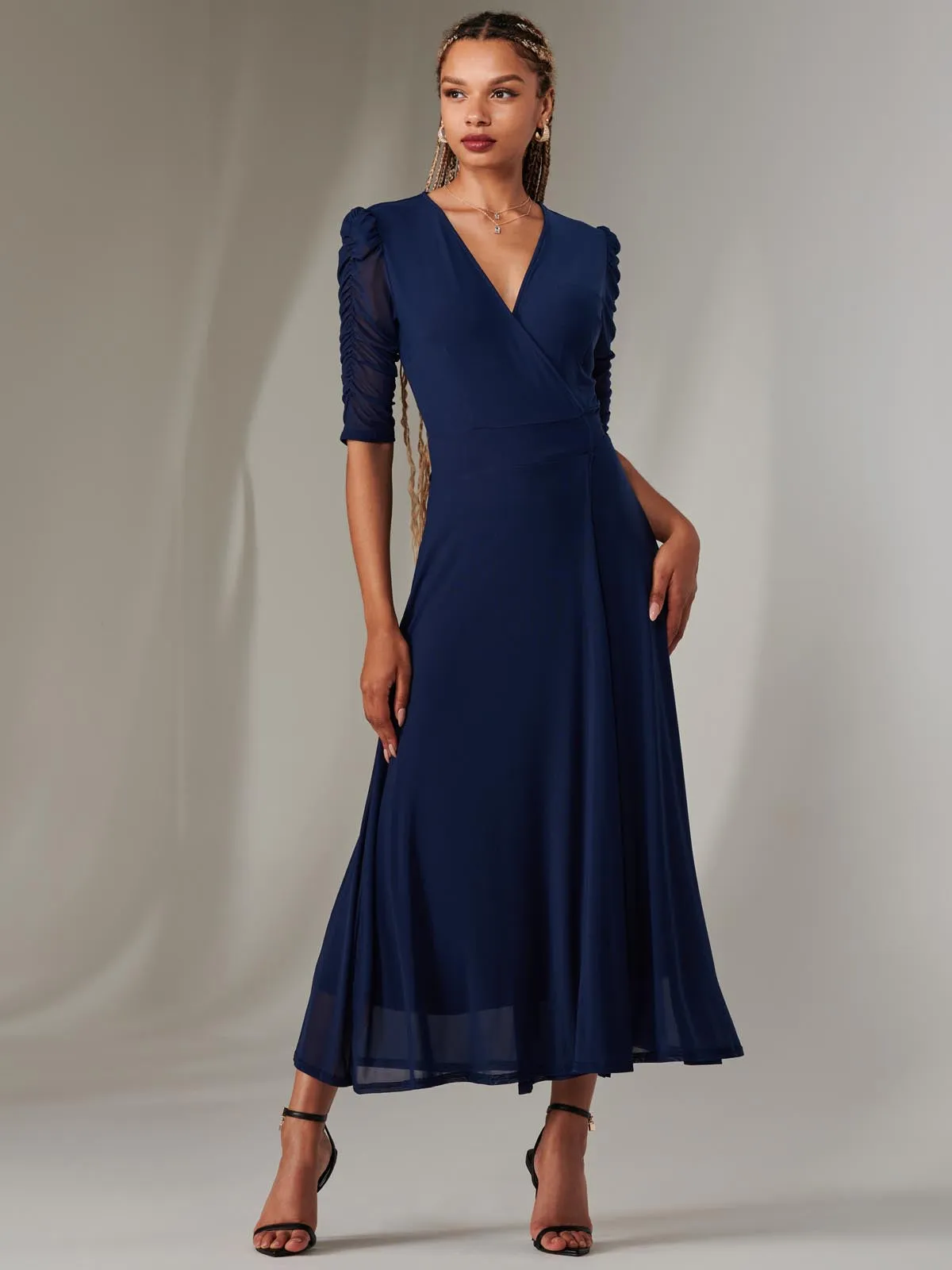 Zeena Plain Wrap Mesh Maxi Dress, Navy