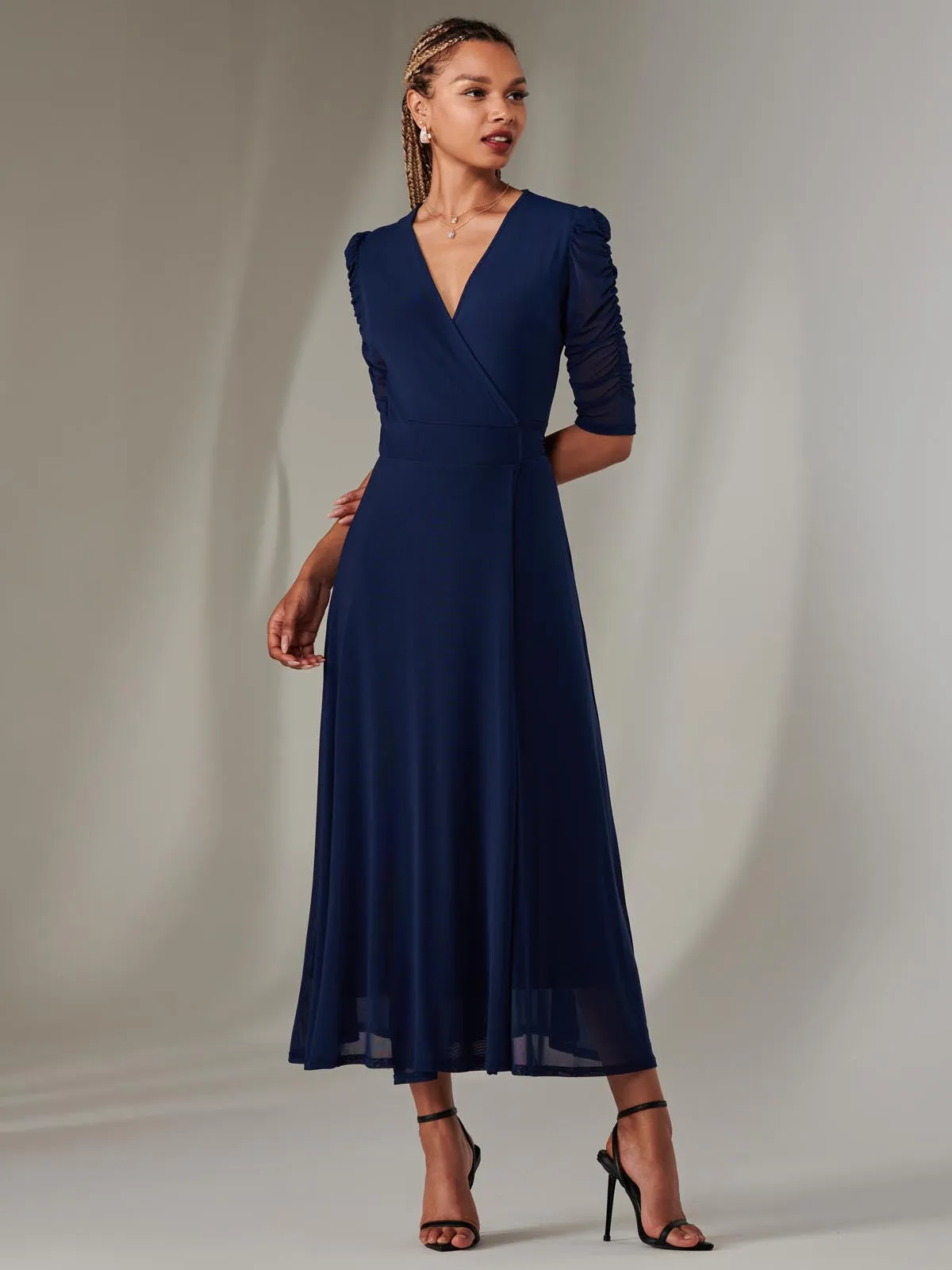 Zeena Plain Wrap Mesh Maxi Dress, Navy