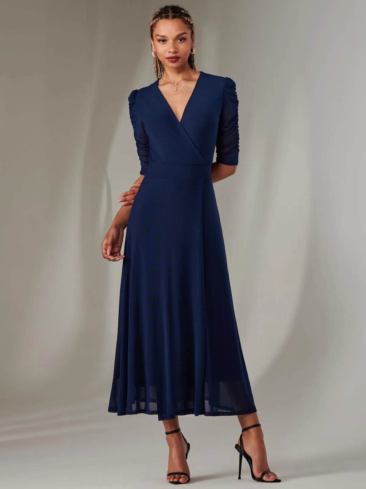 Zeena Plain Wrap Mesh Maxi Dress, Navy