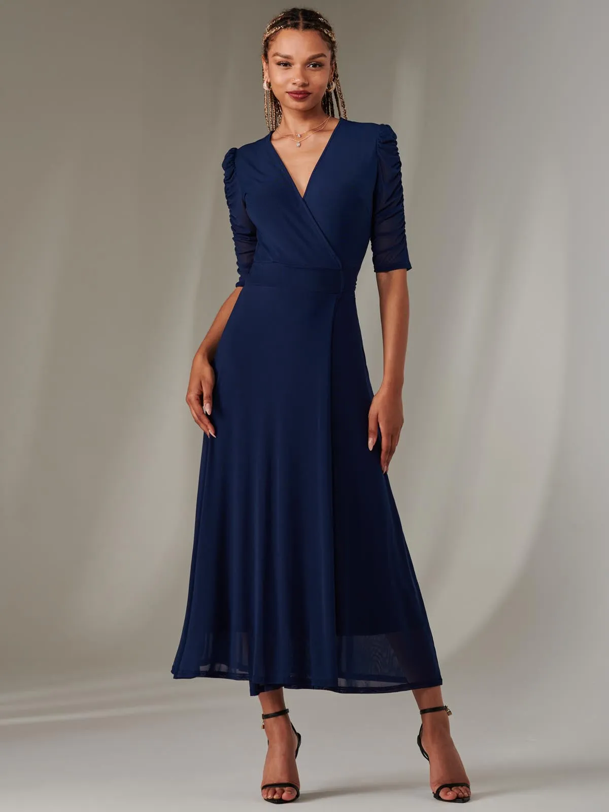 Zeena Plain Wrap Mesh Maxi Dress, Navy