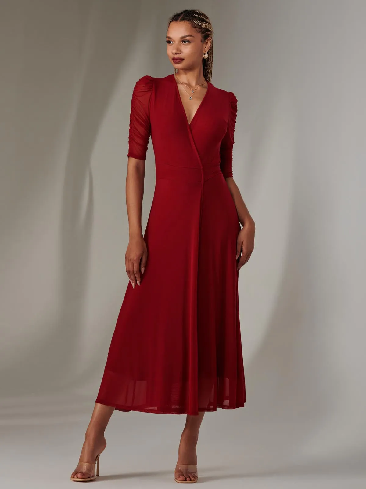 Zeena Plain Wrap Mesh Maxi Dress, Wine