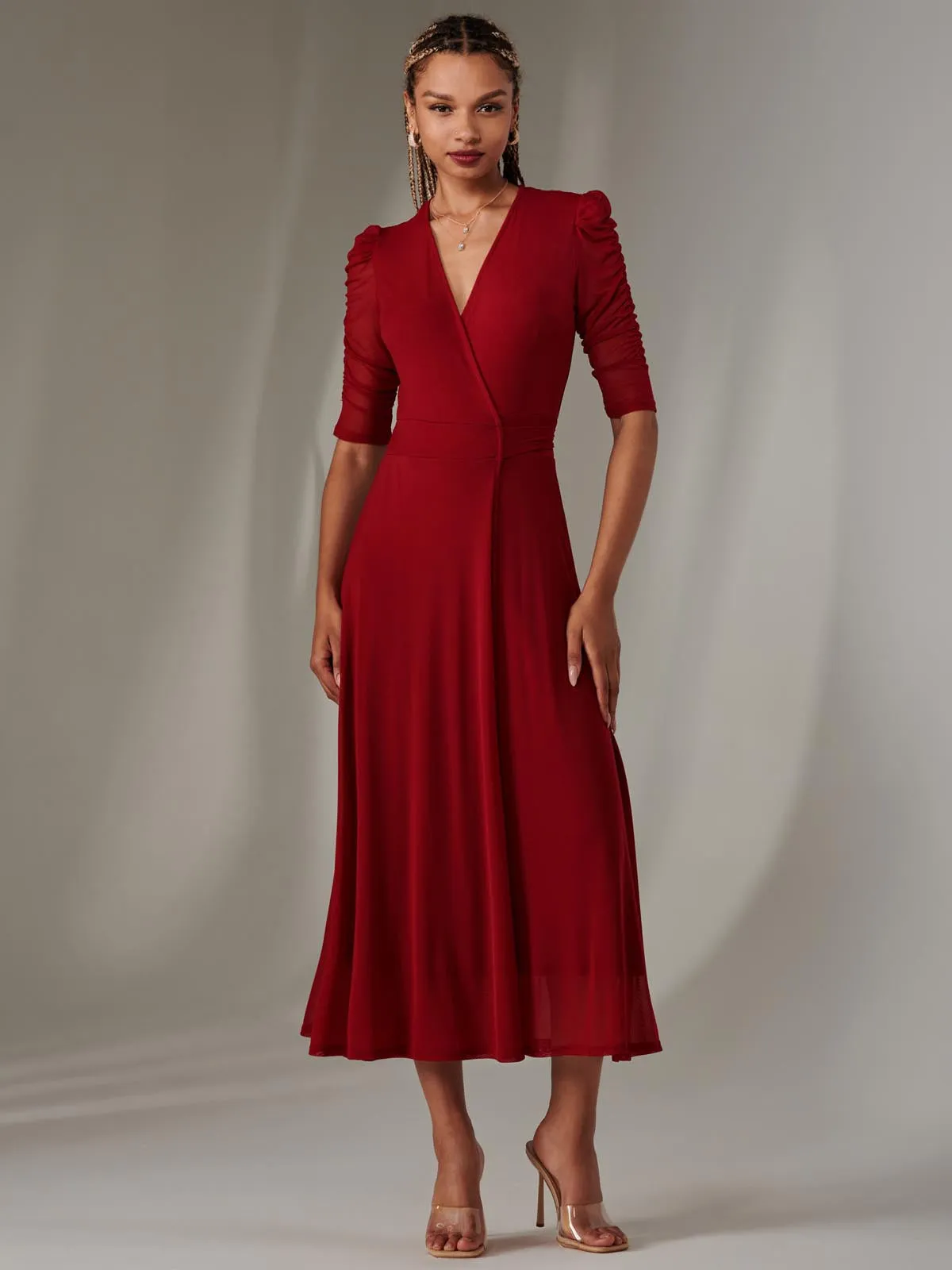 Zeena Plain Wrap Mesh Maxi Dress, Wine